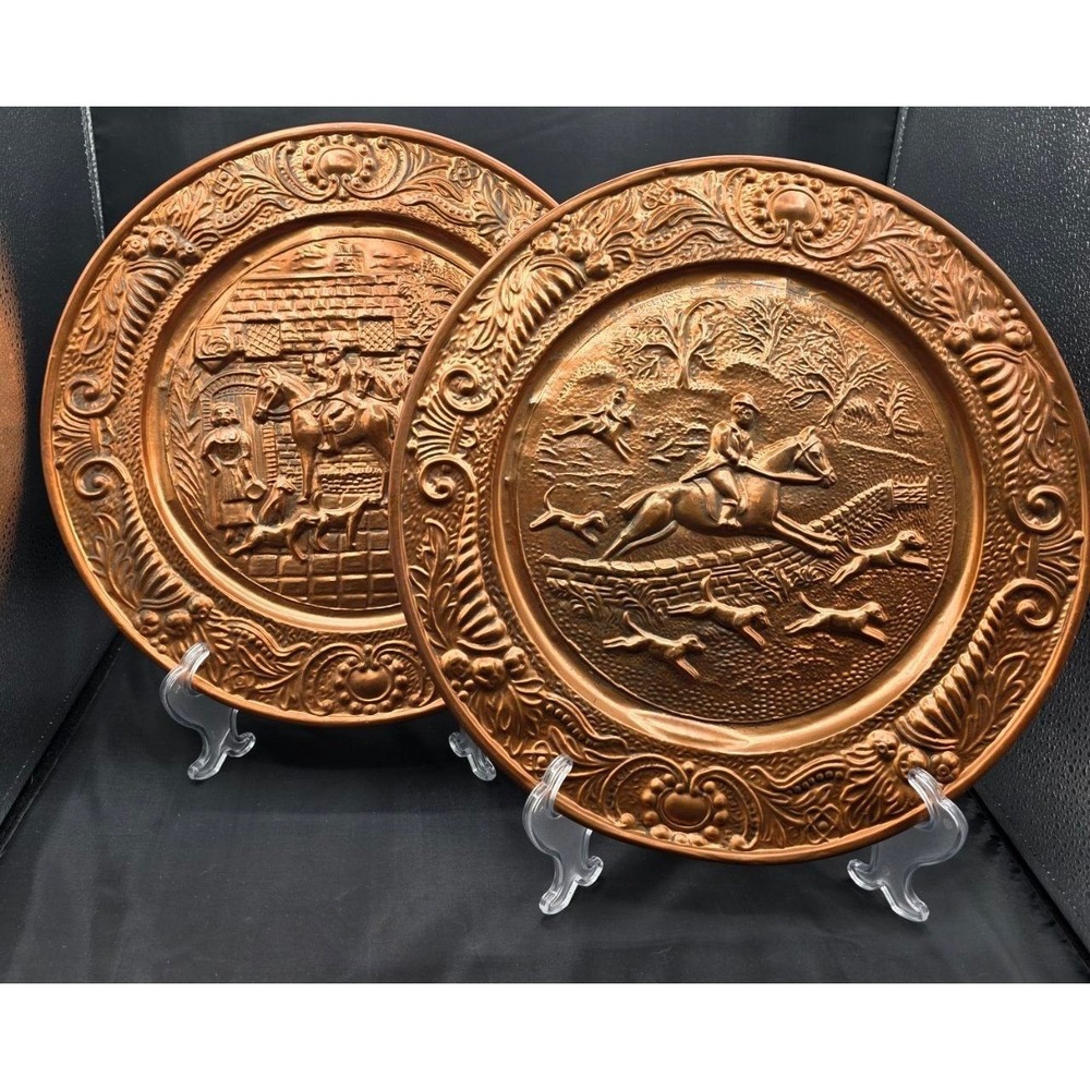 Vintage Set of (2) English Embossed Copper Plaques Plates Fox Hunt Scenes 14"D